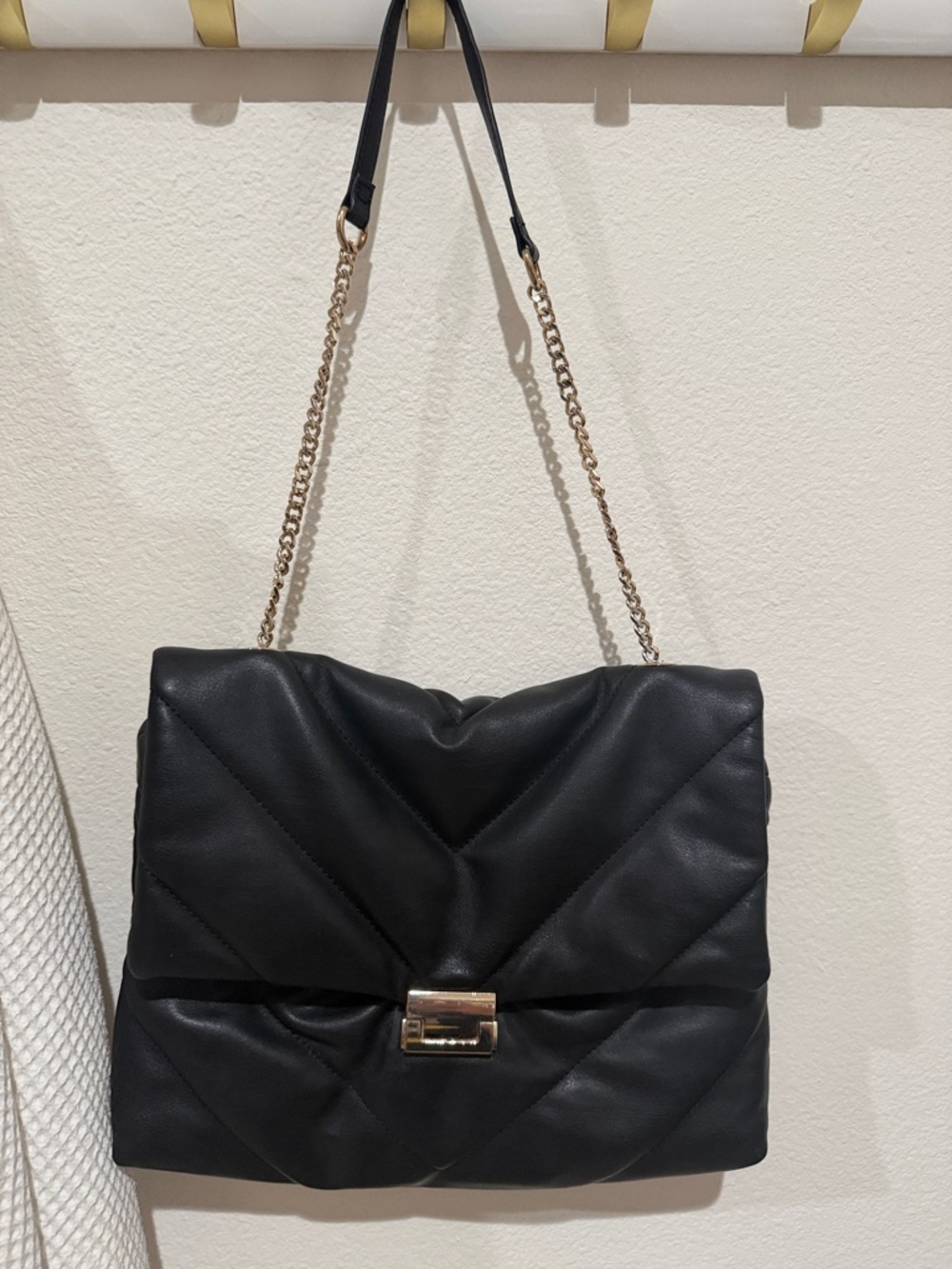 Zara Black Quilted Shoulder Bag with Gold Chain Detail